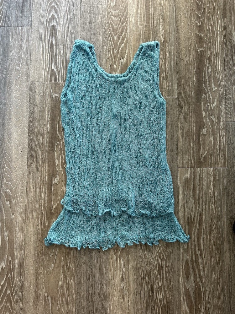 VTG Aqua Blue Mesh Knit Layered Ruffle Top Y2K Mermaid Beach Club Women’s S