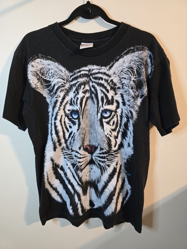 Vintage White Tiger T-shirt Adult Sz L Retro Black Trinity 1992 100% Cotton