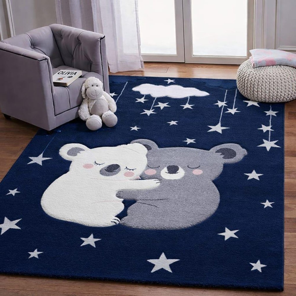Cute Bear Kids Area Rug | Starry Nursery Carpet |Soft Kids Room Mat Playful Kids