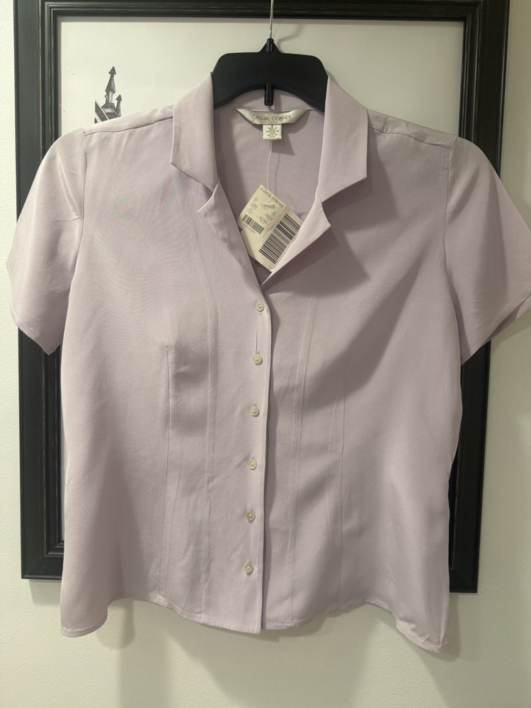 Casual Corner 100% Silk Woven Button-Up Collared Short Sleeve Blouse Lavender 8