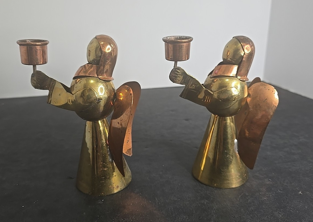 Vintage Brass Copper Angel Candle Holders Pair Mexico Mid Century Folk Art