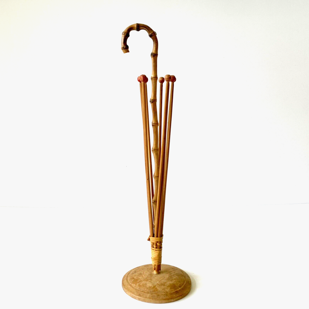 Vintage Bamboo Umbrella Napkin Holder Japanese Wood Stand 12 Inch