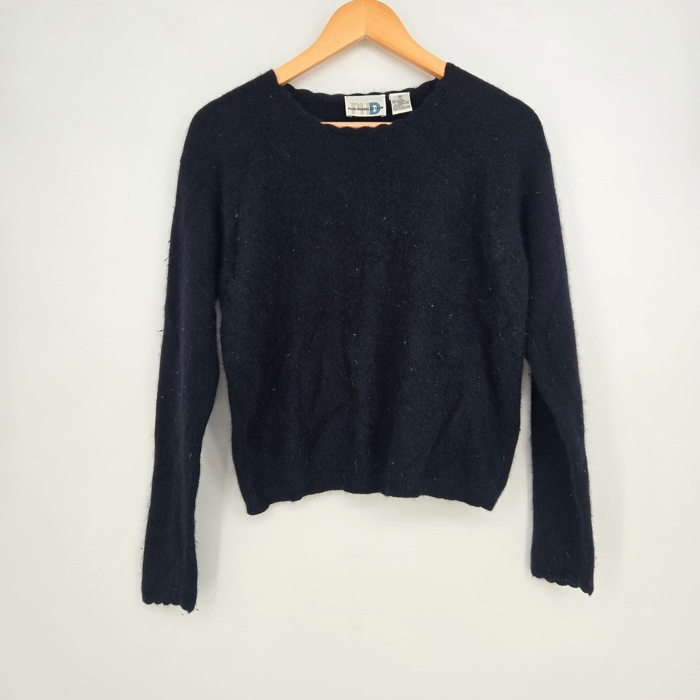 Vtg 90s Paul Harris Black Angora Blend Scalloped Crew Neck Sweater Womens M