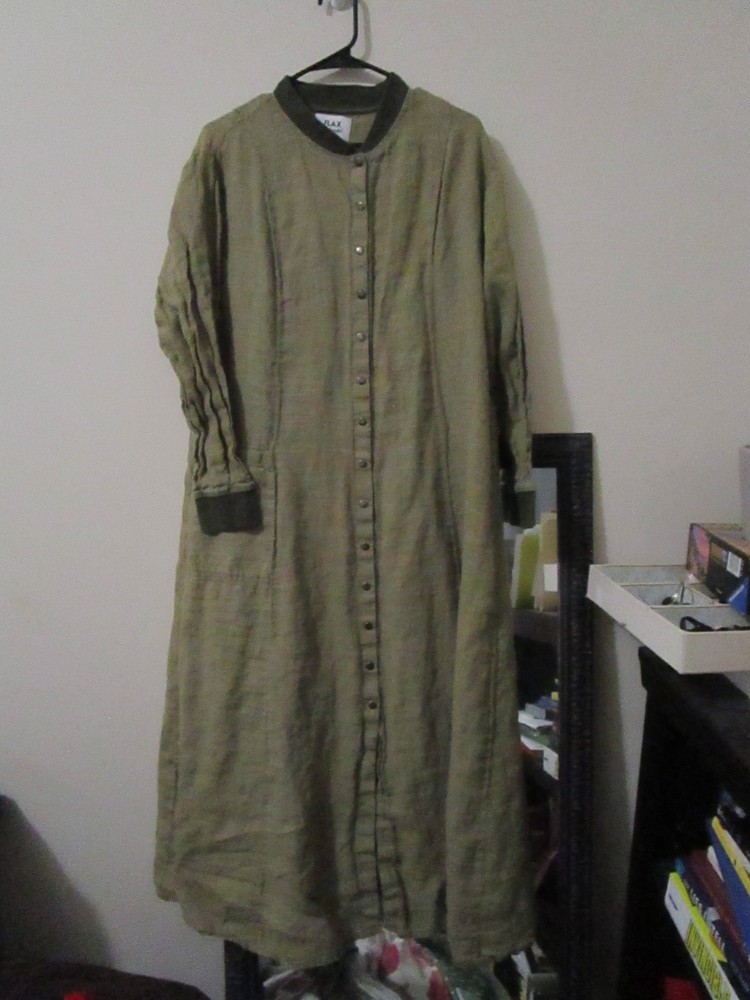 Flax Dress Womens Large Green Plaid 100% Linen Lithuania Maxi Button Front Fun