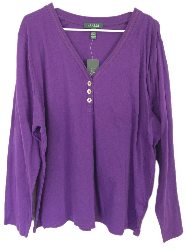 Lauren Ralph Lauren Shirt Women 3X Purple 3 Button Vneck Henley Long Sleeve NWT