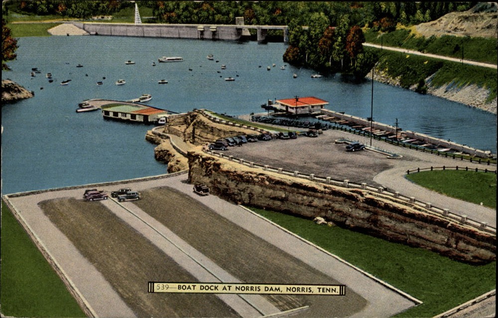 Norris Dam Tennessee boat dock pier aerial view ~ 1940s linen postcard