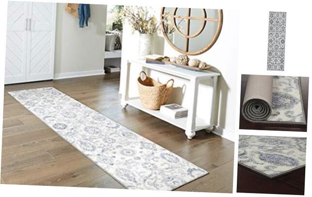 Alfombra de corredor Blooming Damasco antideslizante para alfombrilla gris/azul de 2 pies 6 pulgadas x 10 pies