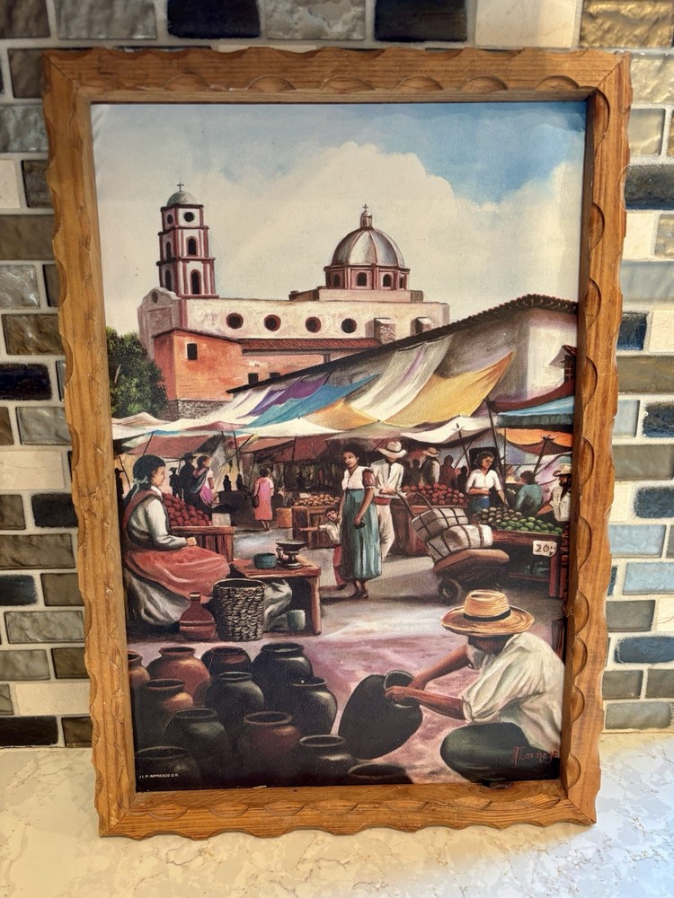 Vtg Mid Century Mexican Folk Art Market Scene Cornejo Print Board Carved Frame