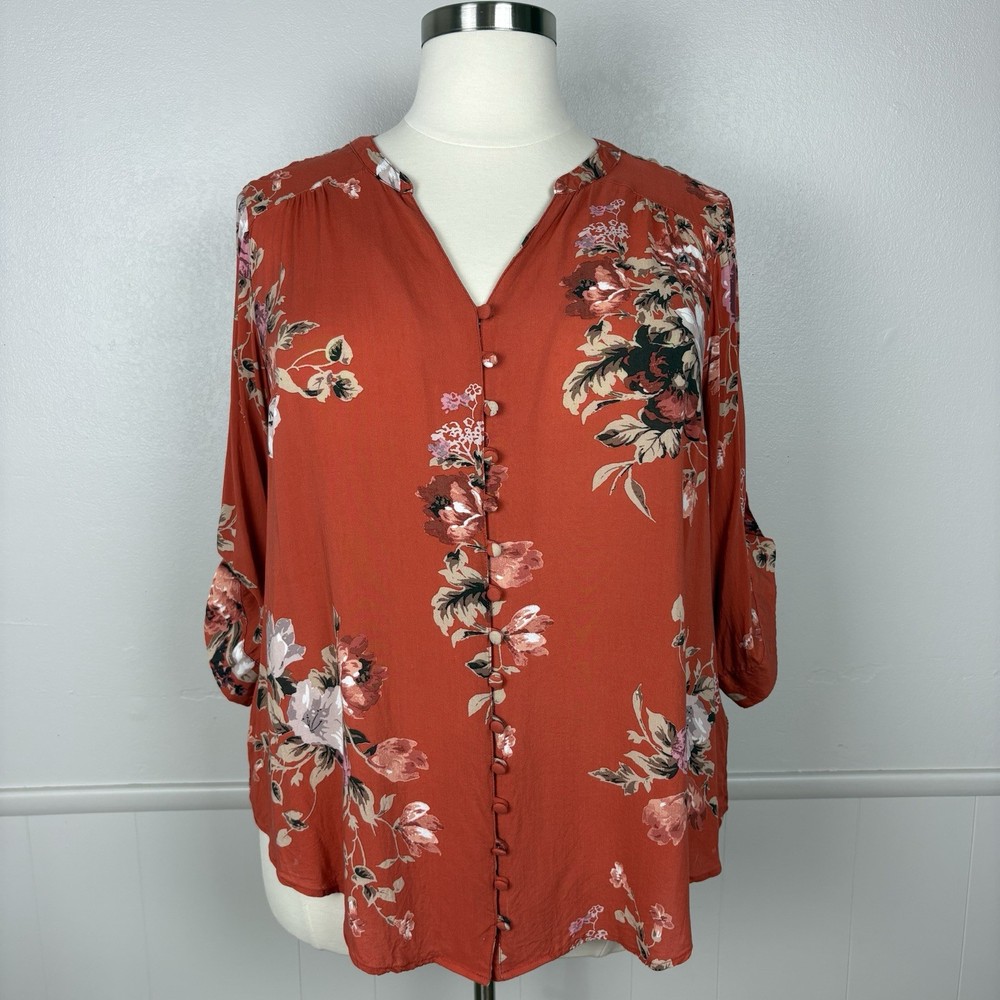 Torrid Button Up Top Size 2 (2X/18-20) Burnt Orange Floral Y Neck Flowy Boho Top