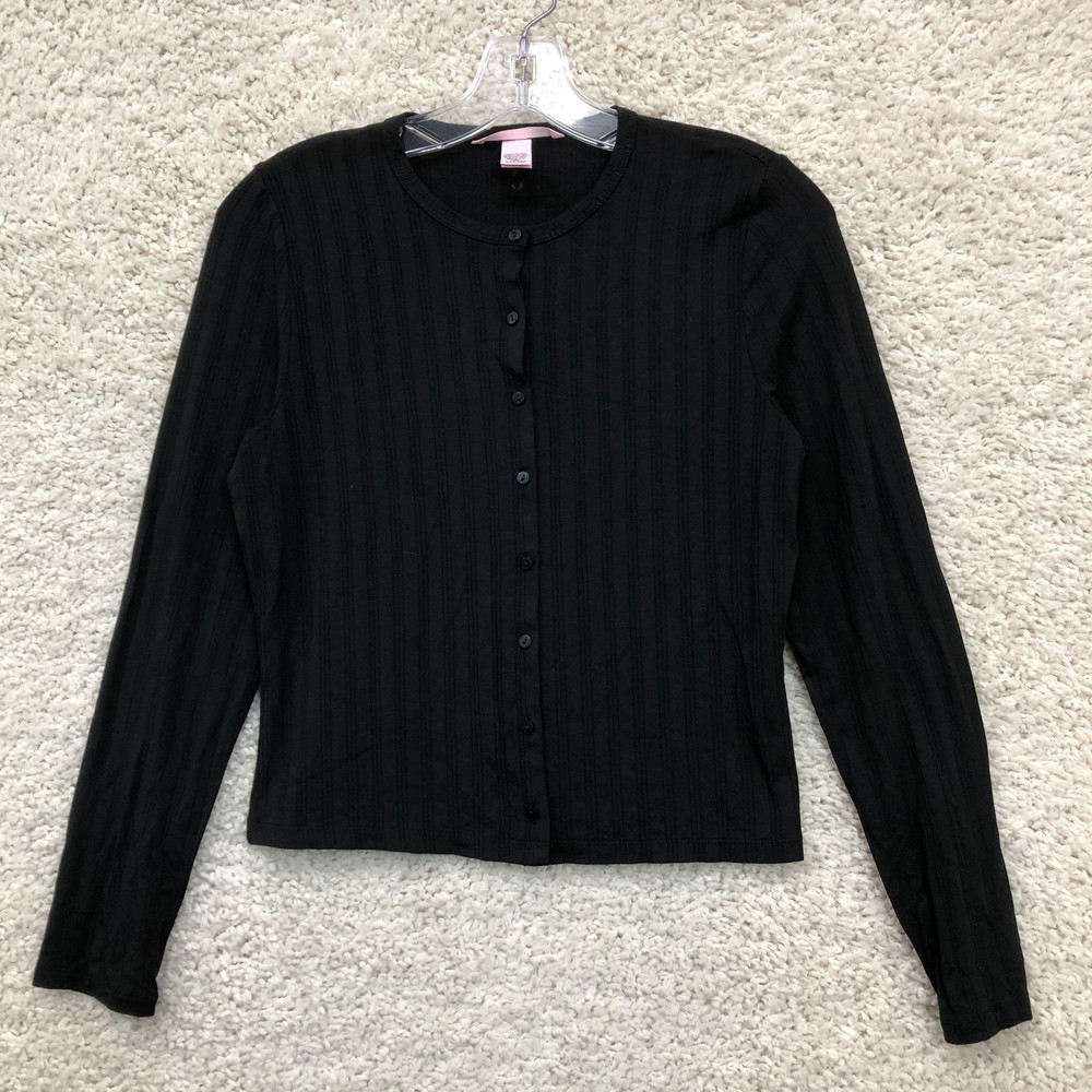 Victorias Secret Cardigan Medium Adult Black Ribbed Knit Cropped Button Up Women