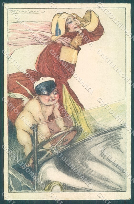 Artist Signed Mauzan Fashion Lady Motoring Cupid Eros serie 10-5 postcard HR3330