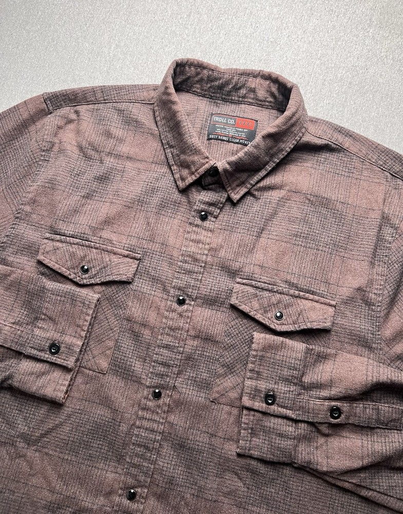 Troll Co Flannel Shirt Men’s 3XL Brown Plaid Pearl Snap Western Work Button Down
