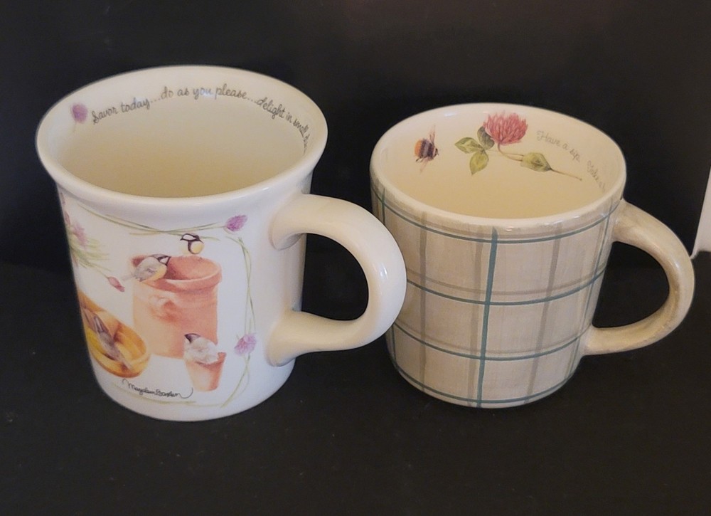 Set Of 2 Vintage Marjolein Bastin Coffee Mugs-1 Mug Plaid & 1 Mug Gardening