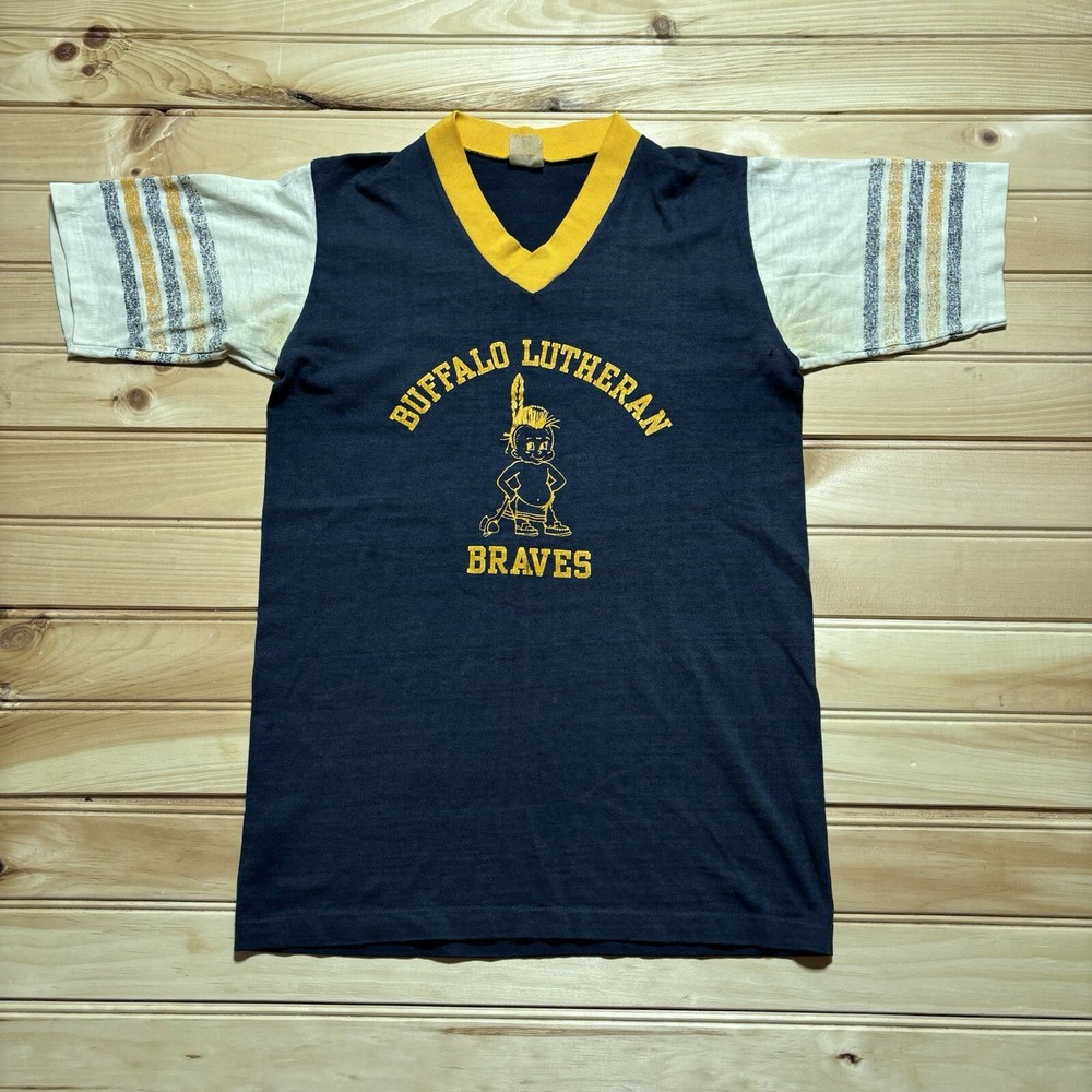 True Vintage 60s 70s Buffalo Lutheran Braves  Single Stitch Ringer Shirt Small