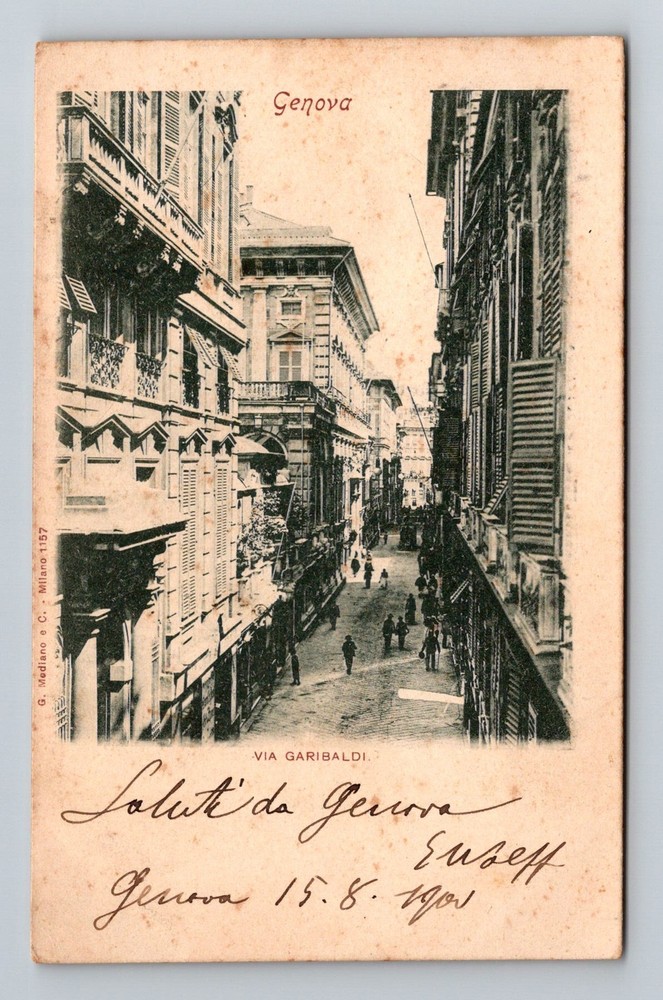 Italy- Genoa Garibaldi Street Souvenir Postal Old Card PC Vintage c1900 Postcard