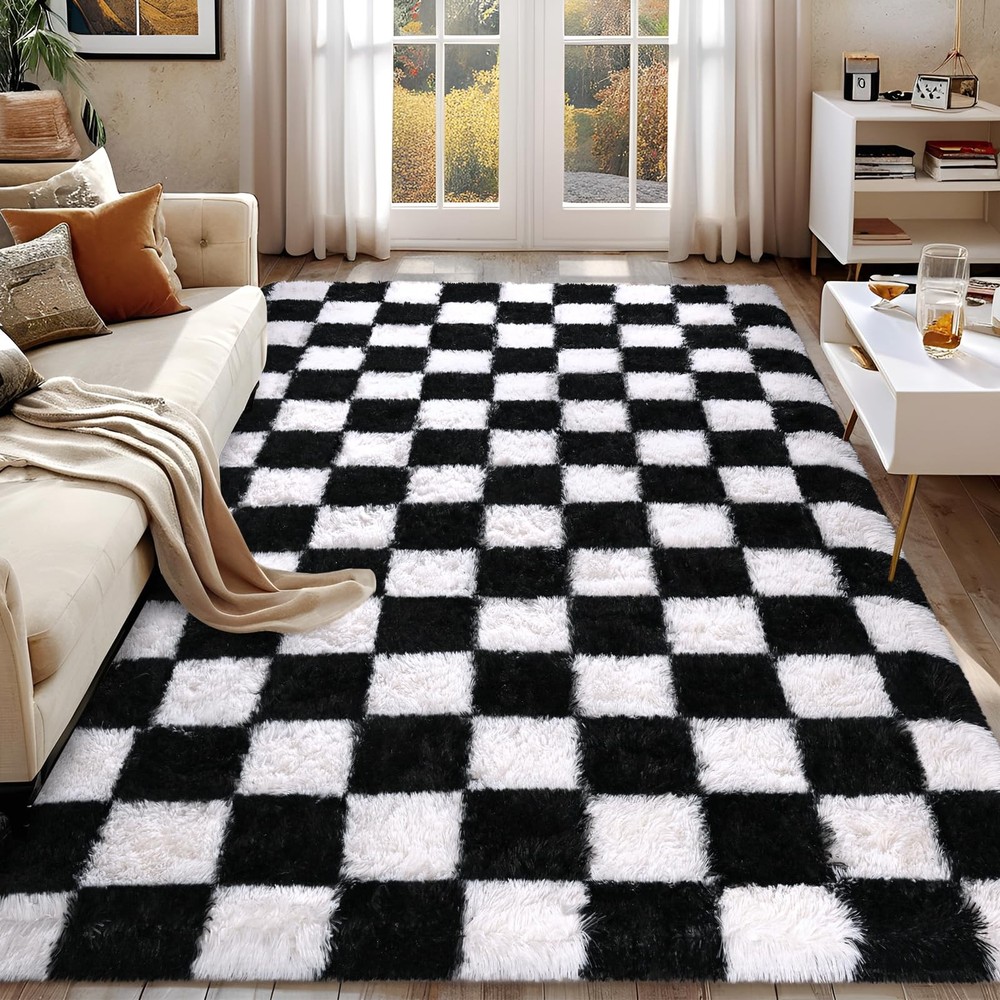 Rugs for Bedroom Living Room, 4x6 ft Black and White Checkered Area Rug, Fluf...