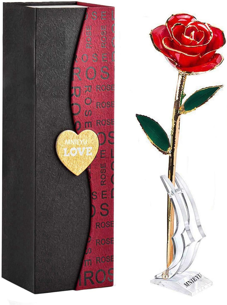 Gold Rose 24K Plated Gold Dipped Rose, Forever Preserved Red Rose Flowers with S