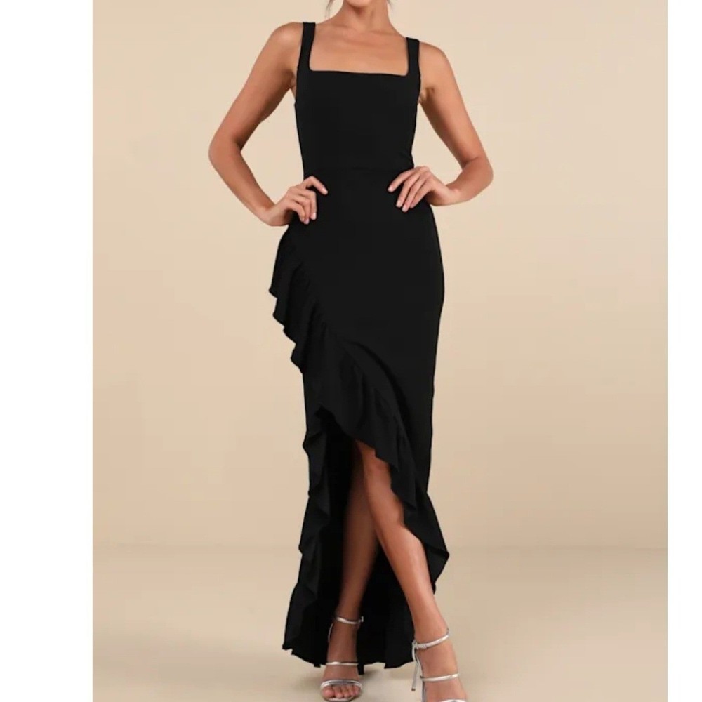 Lulu's Is mmaculate Excellence Black Sleeveless Ruffled Tulip Maxi Dress NWT S M