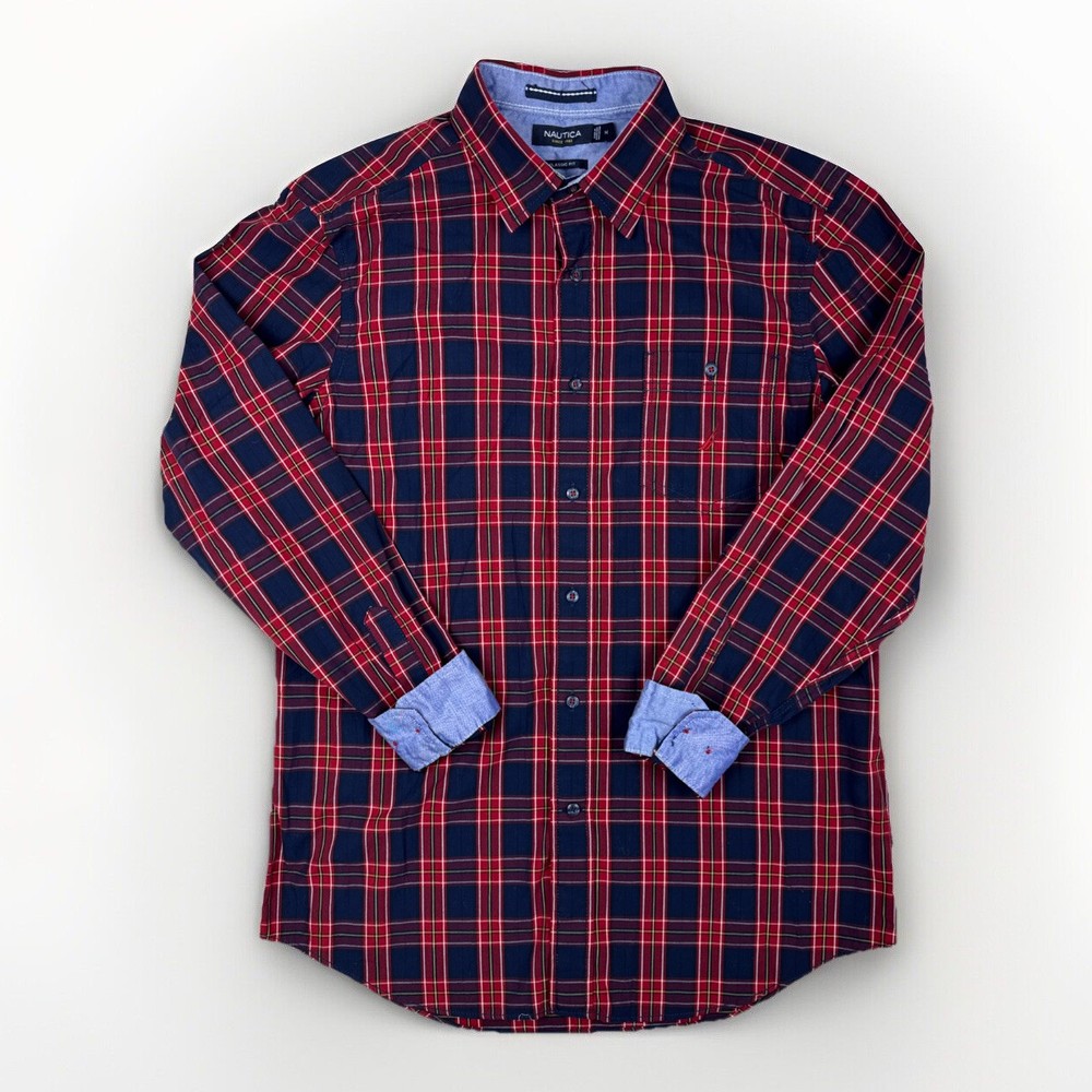 Nautica Plaid Lined Button Up long sleeve Shirt Men Medium Classic Fit Red Navy