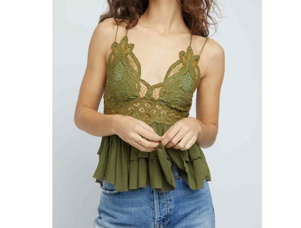 Intimately Free People Adella Cami Blouse Top Crochet Lace Flowy Green S 281191