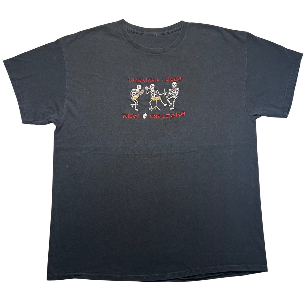 Vintage 90s New Orleans Voodoo Jazz Skeletons Mens XL Black Embroidered T Shirt