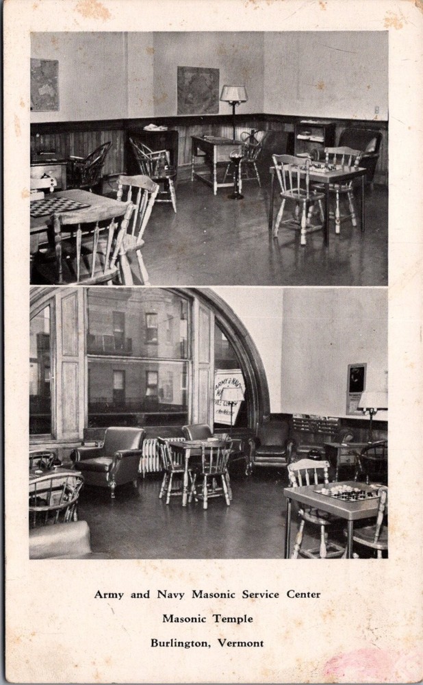 WWII Burlington VT Masonic Service Center Army Navy Postcard