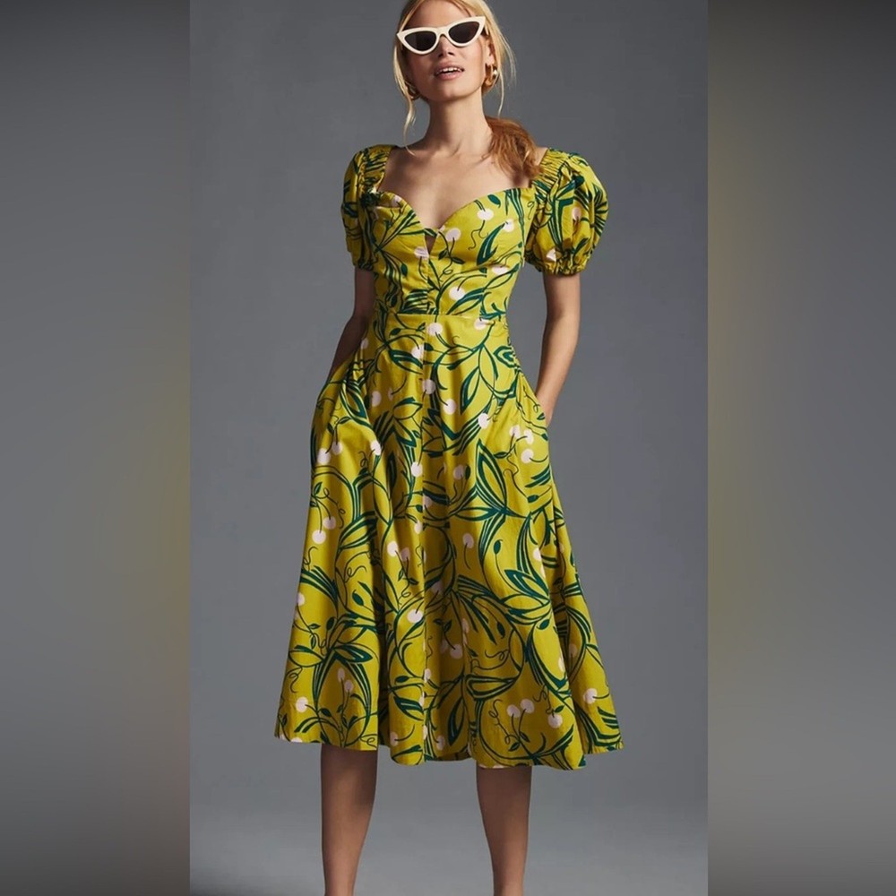 Maeve Anthropologie Puff Sleeve Cherry Print Midi Dress Cottagecore sz 16W