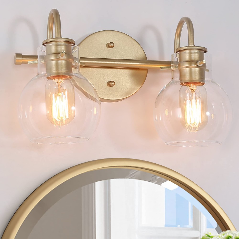 KSANA 2-Light Vanity Light with Globe Clear Glass Shade, Gold Vanity Lights