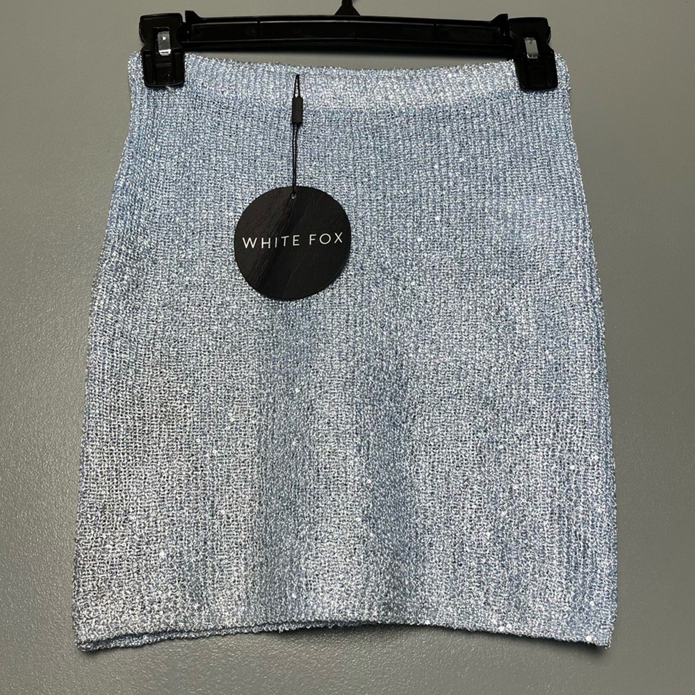 NWT White Fox Sequin Knit Mini Skirt Ice Blue My Little Secret Women’s Size XS