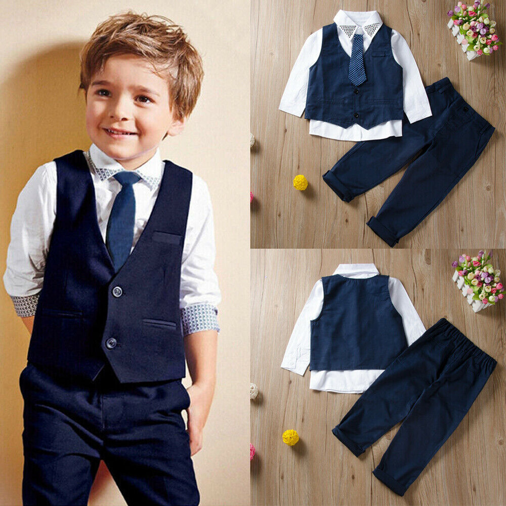 4PCS Kid Baby Boy Tuxedo Suit Shirt Waistcoat Tie Pants Formal Outfit Clothes