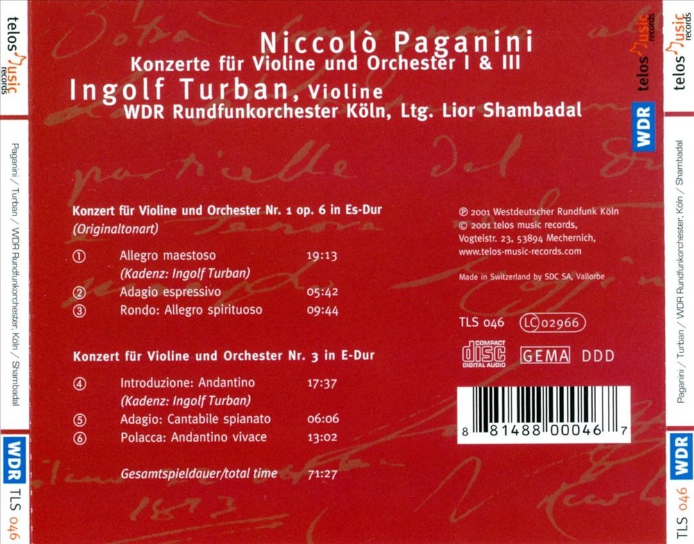 Ingolf Turban Paganini: Violin Concertos Nos. 1 & 3 New Cd