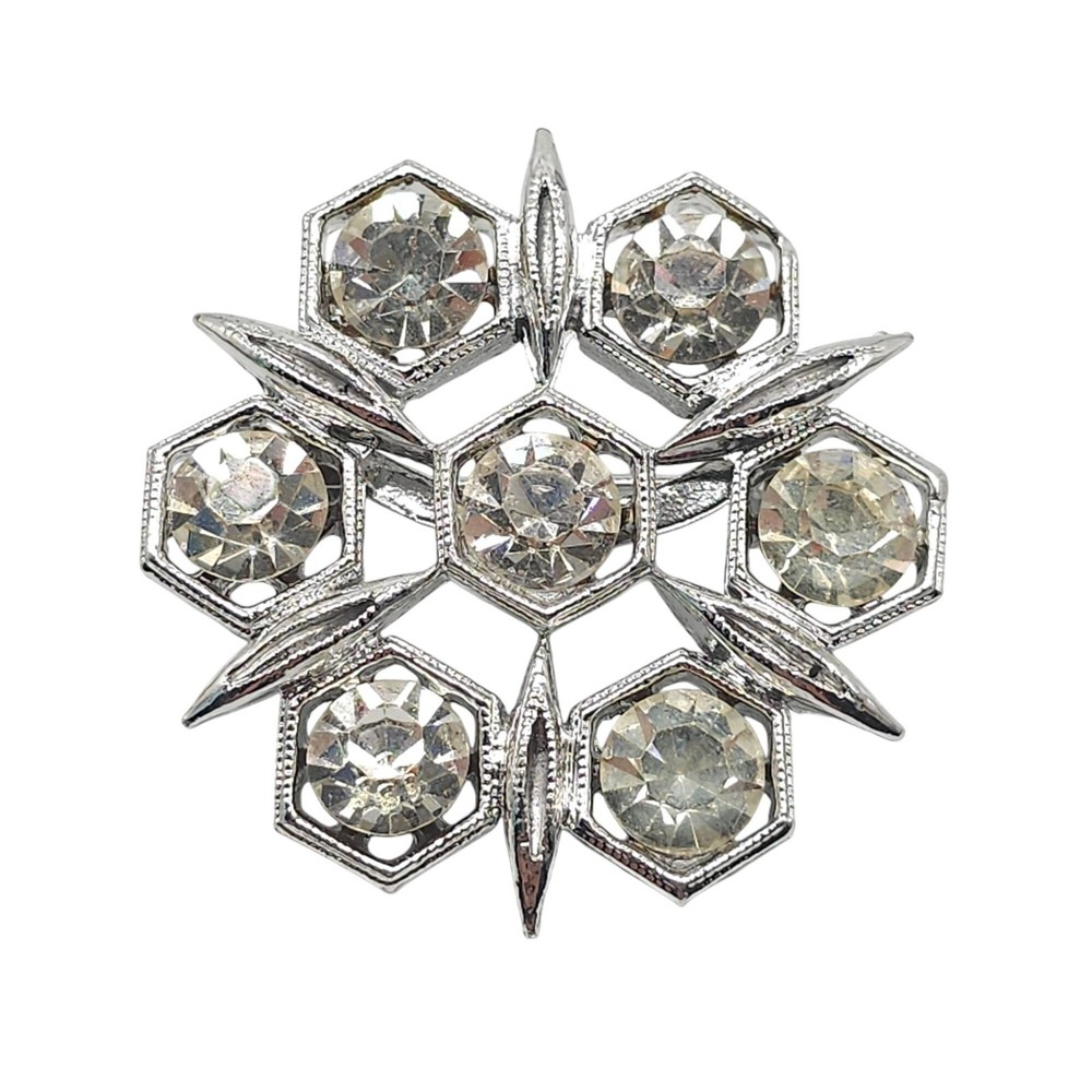 Vintage Style Rhinestone Snowflake Brooch Pin Silver Tone