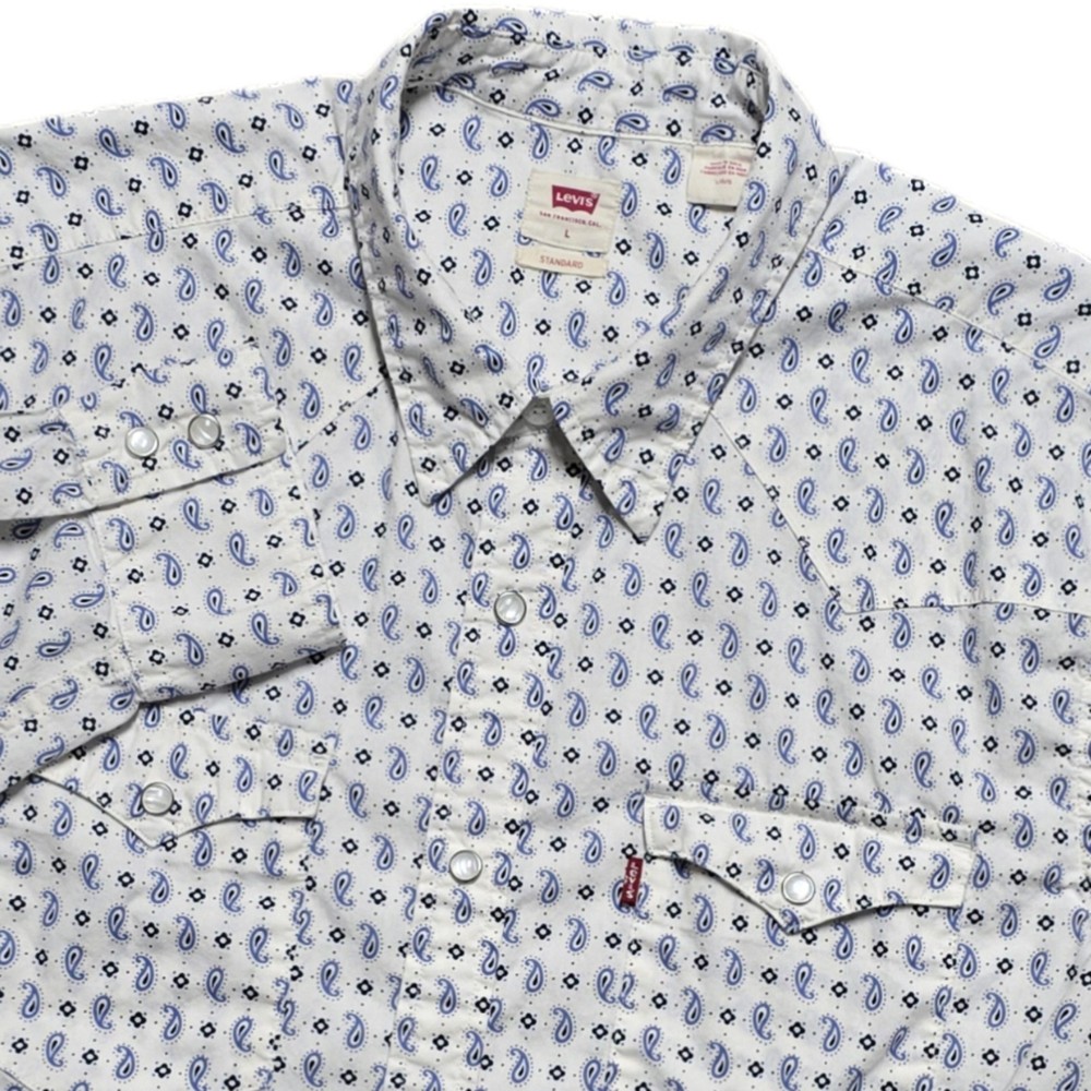 Levi’s Pearl Snap Shirt Men’s L Paisley Long Sleeve White Western Cowboy