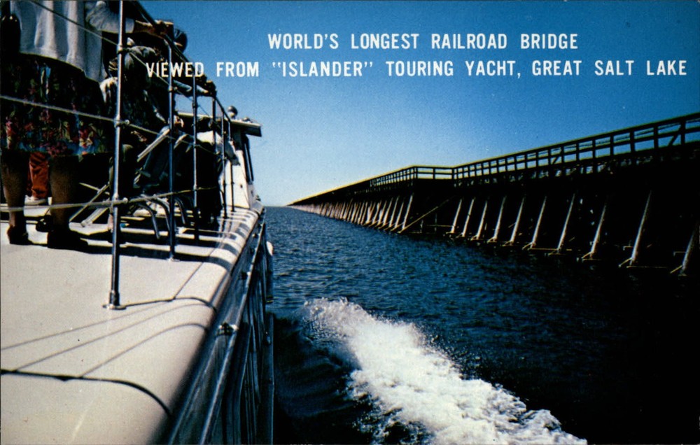 Railroad Bridge Islander touring yacht Great Salt Lake Utah ~ 1950-60s postcard