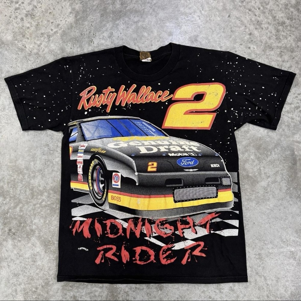 Vintage Rusty Wallace Shirt Mens Large Black Miller NASCAR Midnight Rider 90s