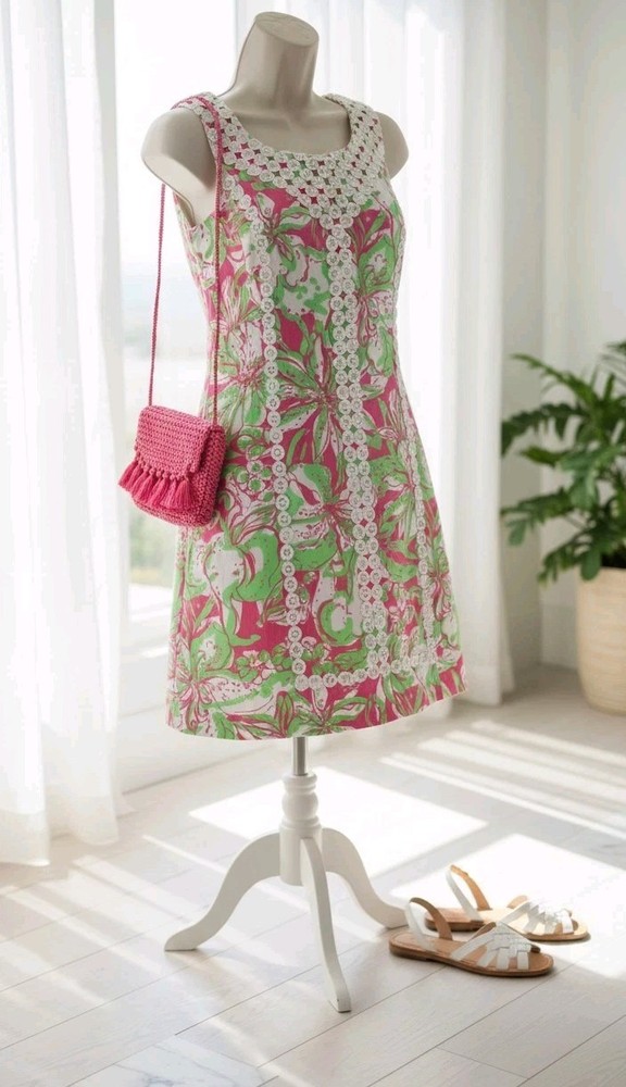Lilly Pulitzer Style Pink Floral Shift Dress Crochet Lace Trim Sleeveless Sz 00