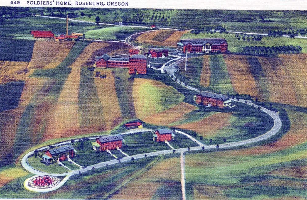 Aerial View, Soldiers Home Roseburg, Oregon 1940’s Linen Postcard