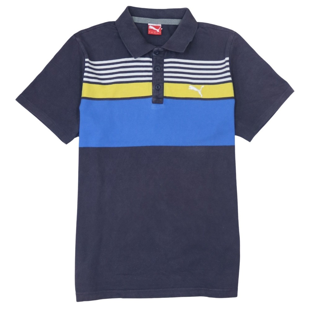Puma Mens Polo Shirt Navy Blue Stripe Panel Cotton Printed Cat Logo Sport L