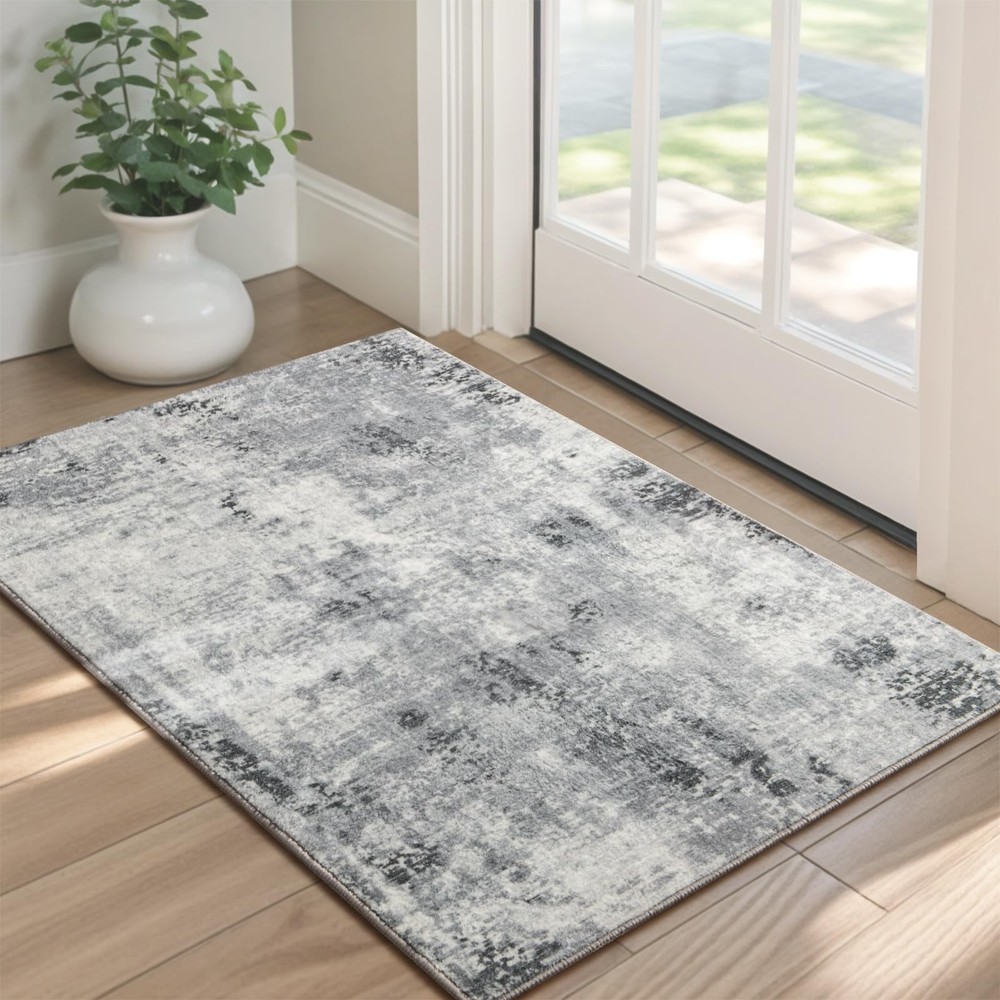 Entryway Rug 2x3 Grey Rug, Washable Abstract Small Rugs Non-Slip Low Pile Thr...