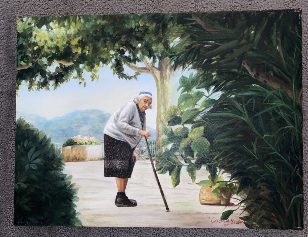 Vntg Original Oil Painting Woman In Garden 16” X 12” Grandma Abuela Portrait!-image