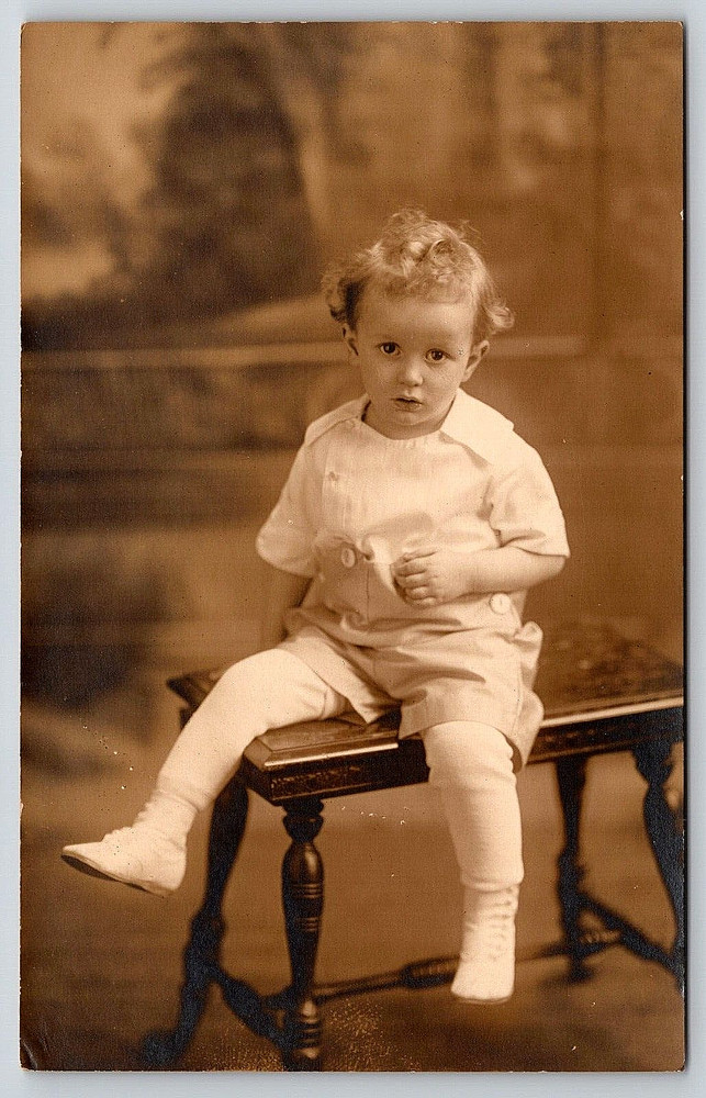 Antique Vintage Real Photo Postcard Cute Little Girl With Curly Hair On Bench