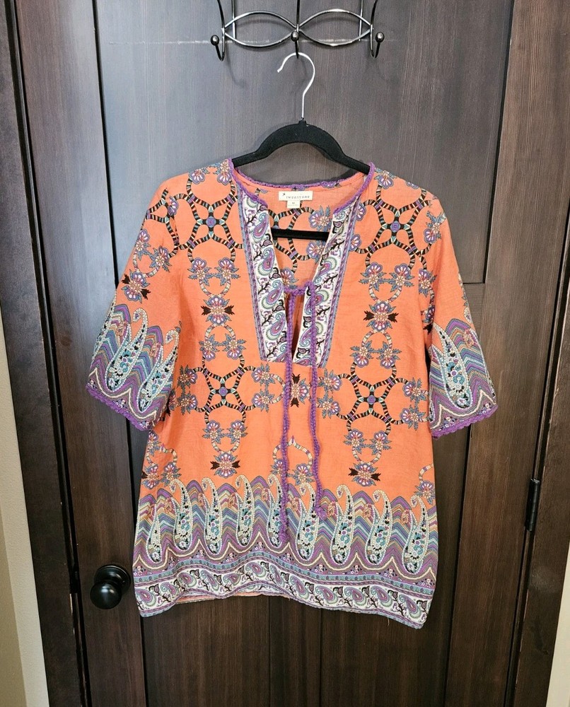 EUC Women's  Floral Paisley Orange Boho Peasant Tunic Top Blouse Size Medium