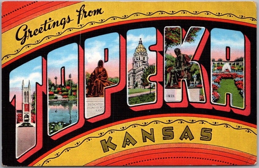 Vintage 1940s TOPEKA Kansas Large Letter Postcard Multi-View / Kropp LINEN