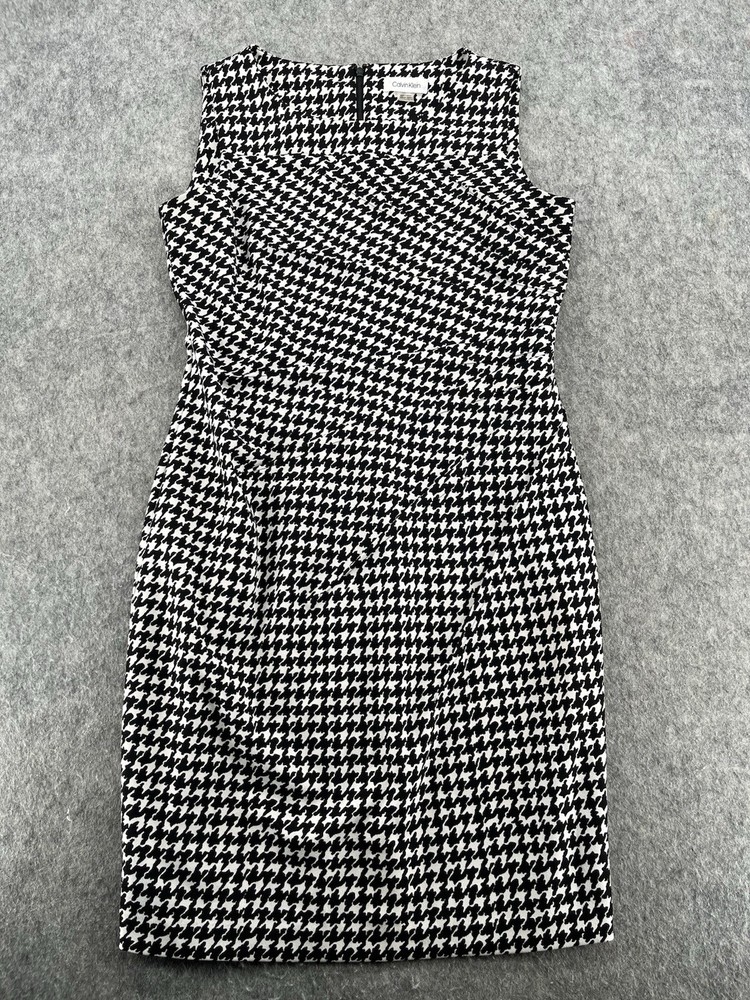 Calvin Klein Womens Black White Hounstooth Sleeveless Zip Sheath Dress Size 12P