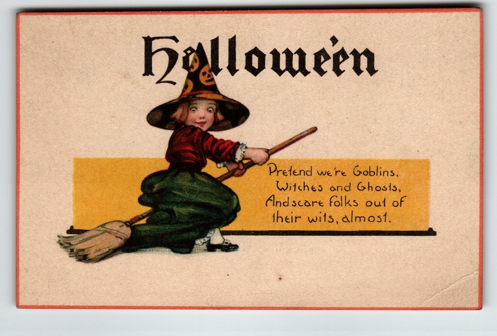 Halloween Little Witch Girl on Broom with Pumpkins Hat Nash Series 38 Postcard