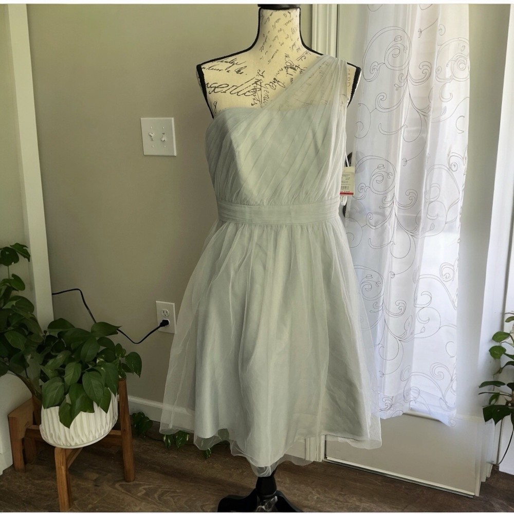 David's Bridal Dress Sz 10 Blue Gray One Shoulder Formal Prom Party Cocktail