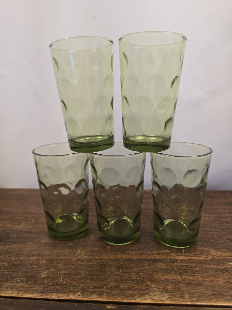 Set Of 5 VTG Hazel-Atlas Eldorado Green Glass 6oz Juice Tumblers 