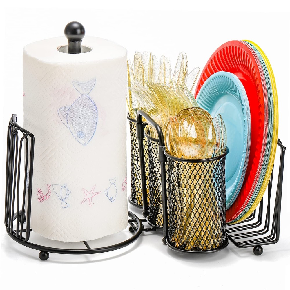 Metal Utensil Caddy with Paper Towel Holder, Picnic Caddy Silverware Organize...