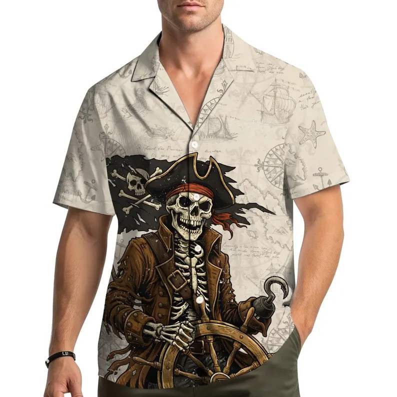 Pirate Skeleton Hawaiian Shirt Mens Tropical Beach Aloha Summer Gift
