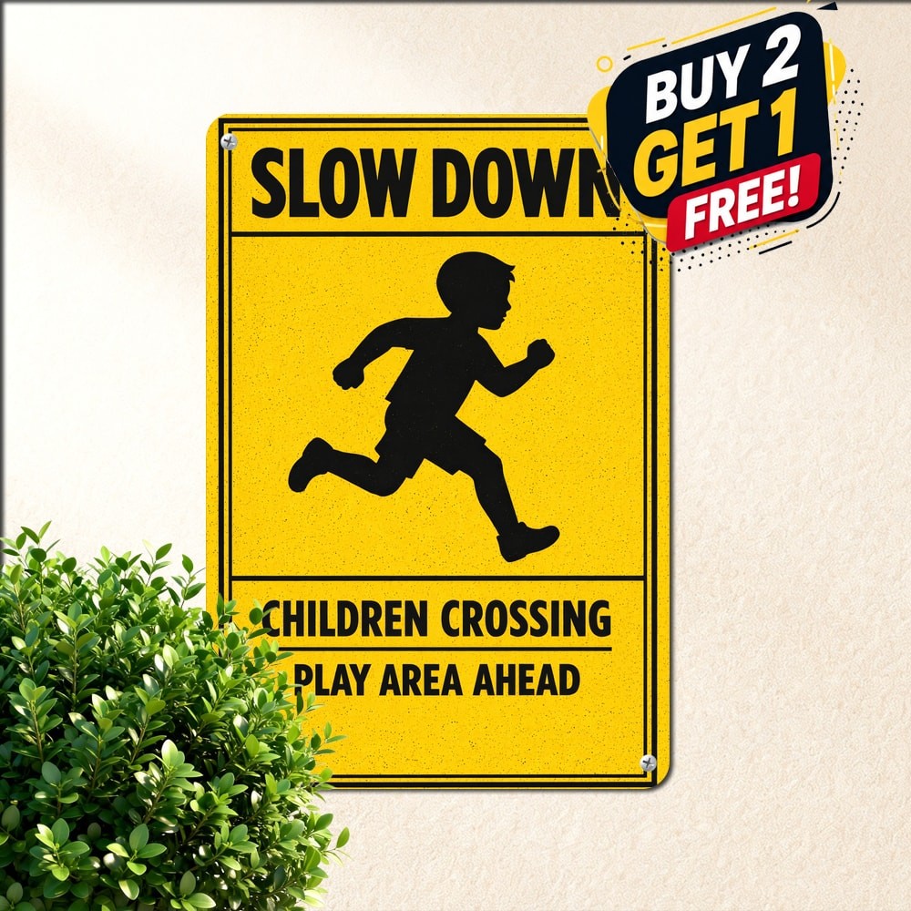 Slow Down Safety Warning Sign Yellow Black High Contrast Caution Tin Plaque